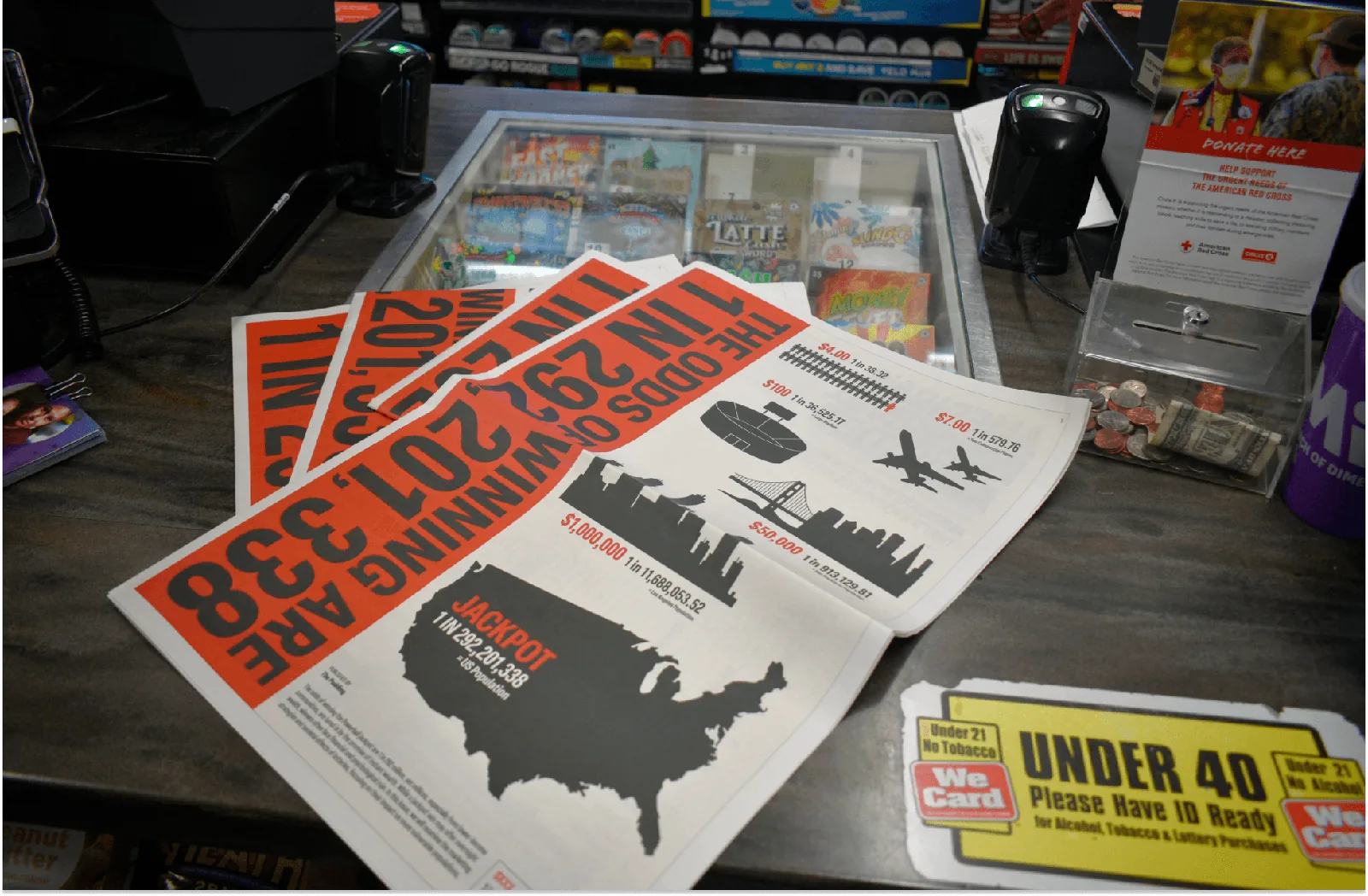 Broadsheets distributed at a convenience store lottery counter
